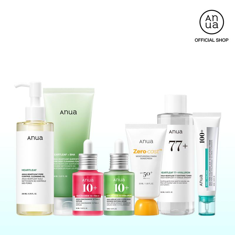Anua Affordable Full-Korean Skincare Routine Set | 7 Essential TikTok Viral Items for Hydration, Hyperpigmentation & Redness Care | Complete Bundle with Cleansers, Toner, Serums, Moisturizer & SPF