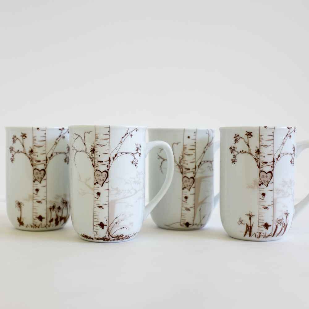 Personalized Ceramic Birch Mug Set – Custom Initials in Heart Design