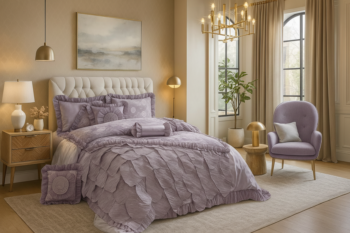 Tache Satin Ruffle Floral Lace Silver Rose Petals Comforter Set (HYZ102) - Luxhausen
