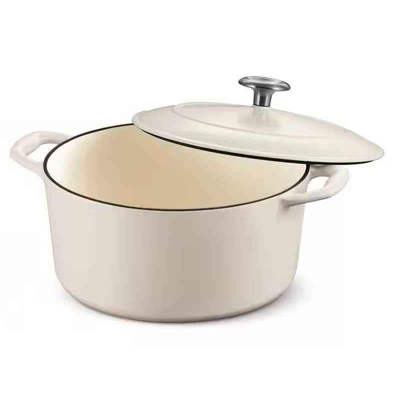 Round 5.5 Quart White Beige Enameled Oven Safe Cast Iron Dutch Oven with Lid