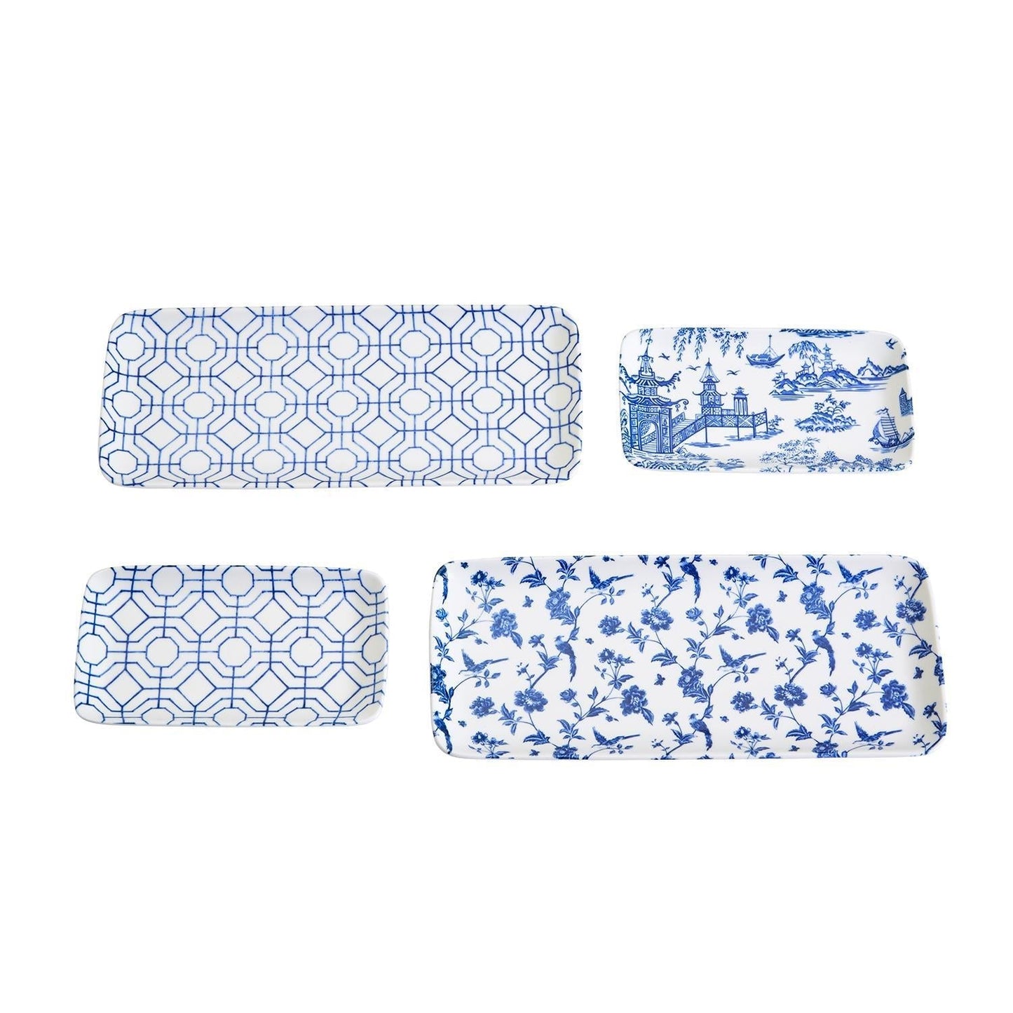 Chinoiserie Blue White Serving Tray Set 4pc Assorted Large and Small