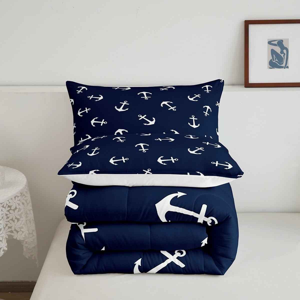Manfei Anchor Comforter Set Nautical Navy Blue 2pcs Twin Size