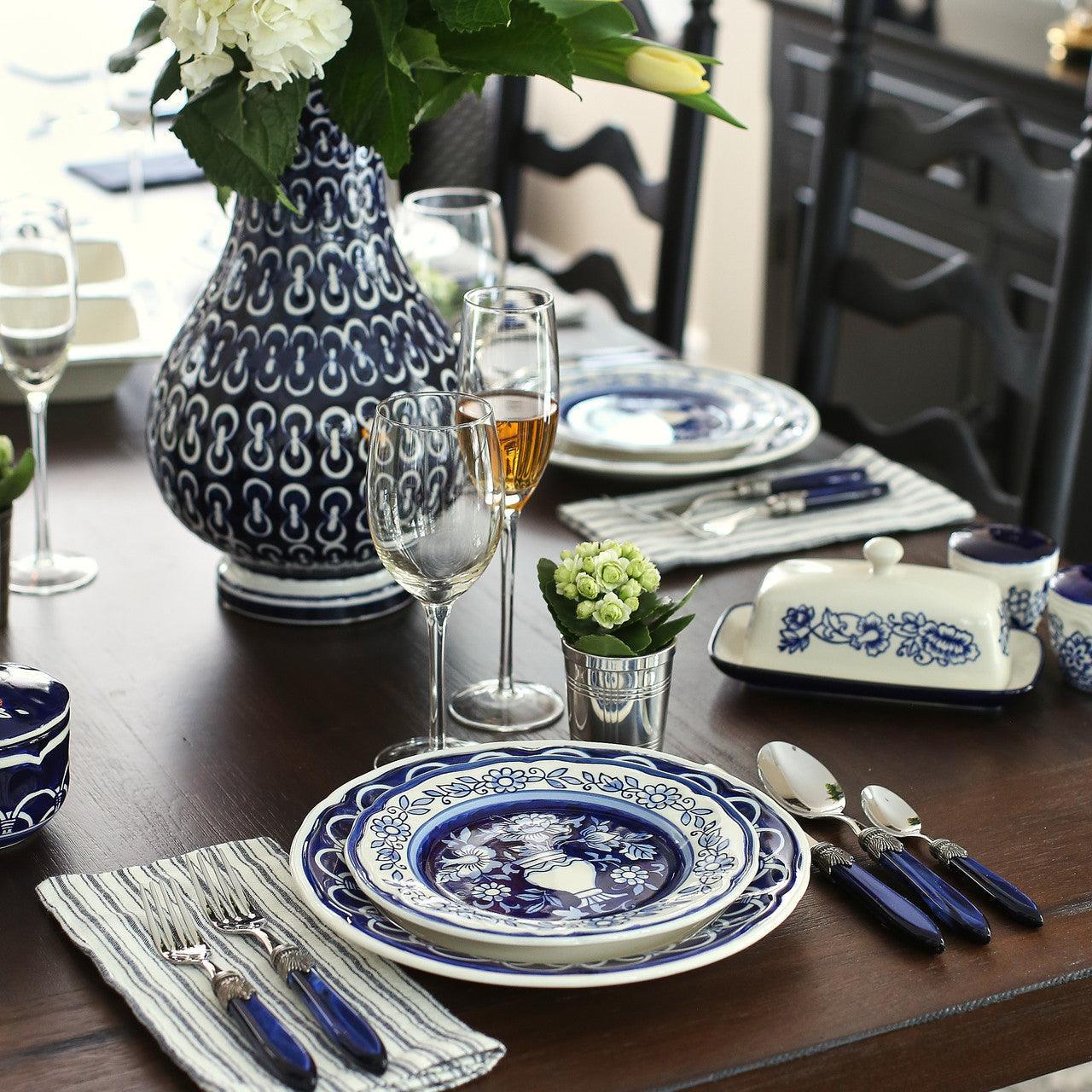 Blue Garden 16 -Piece Hand Painted Stoneware Bowls and Plates Dinnerware Set, Service for 4
