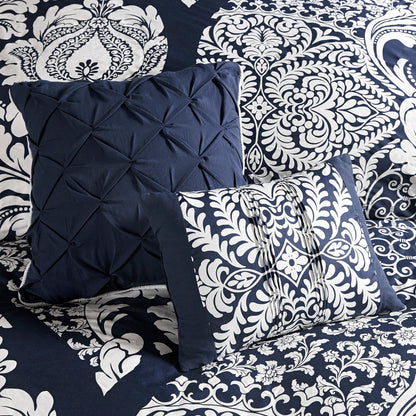 7 Piece Cotton Printed Comforter Set - Indigo Cal King