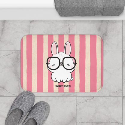 Cute Bunny "Smarty Pants" Bath Mat — PINK Striped Bathroom Rug for Kids & Nursery