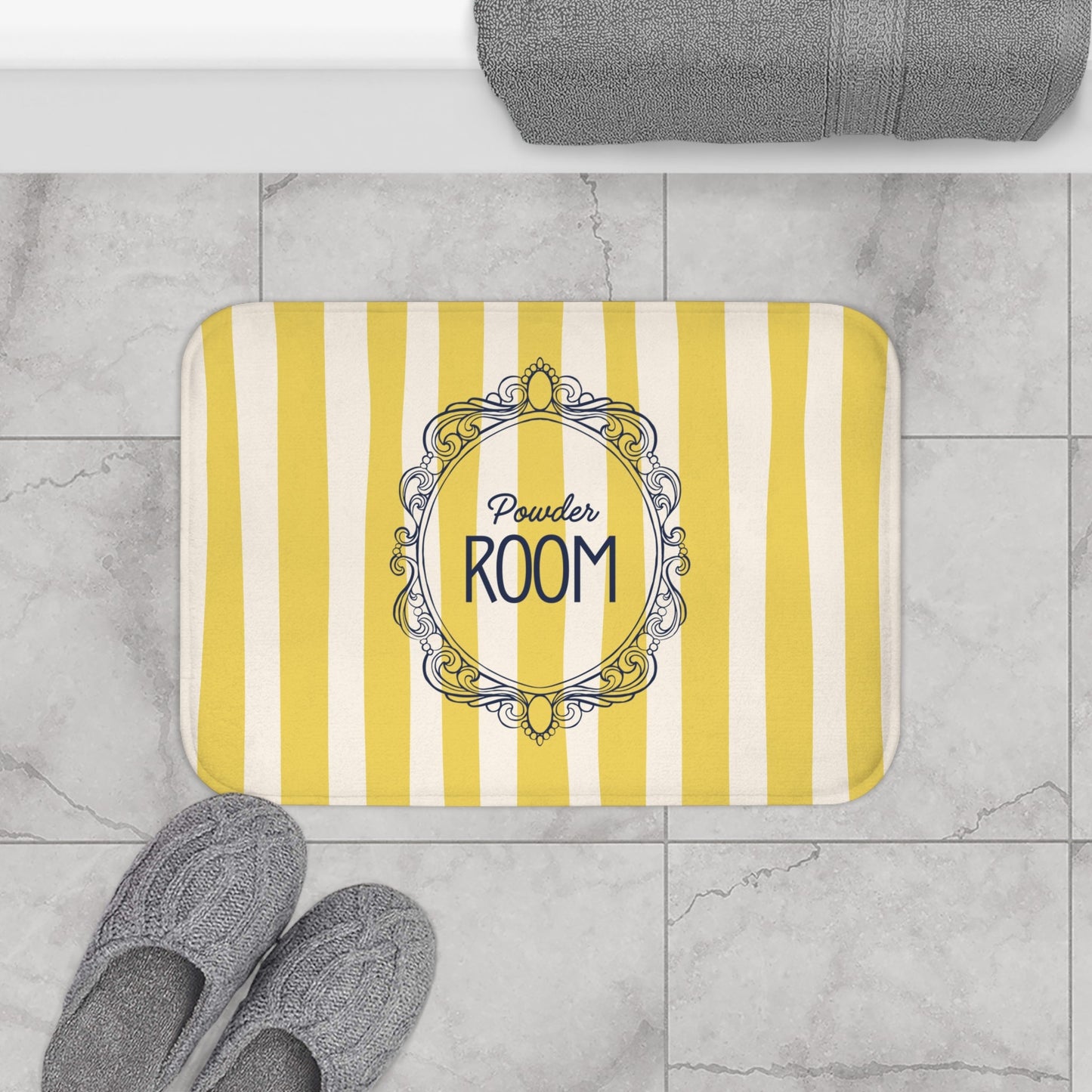 Cute Powder Room Bath Mat — Yellow Striped Decorative Bathroom Rug