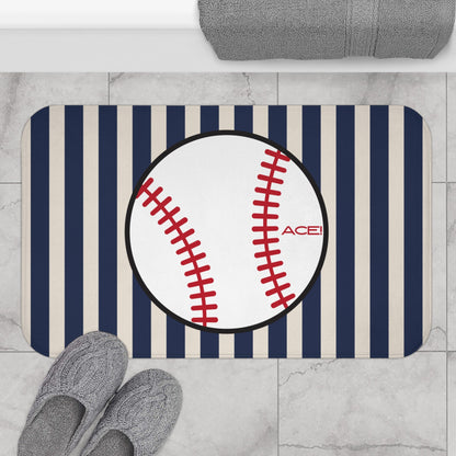 Baseball Bath Mat – Blue-Grey Striped Soft Non-Slip Bathroom Rug