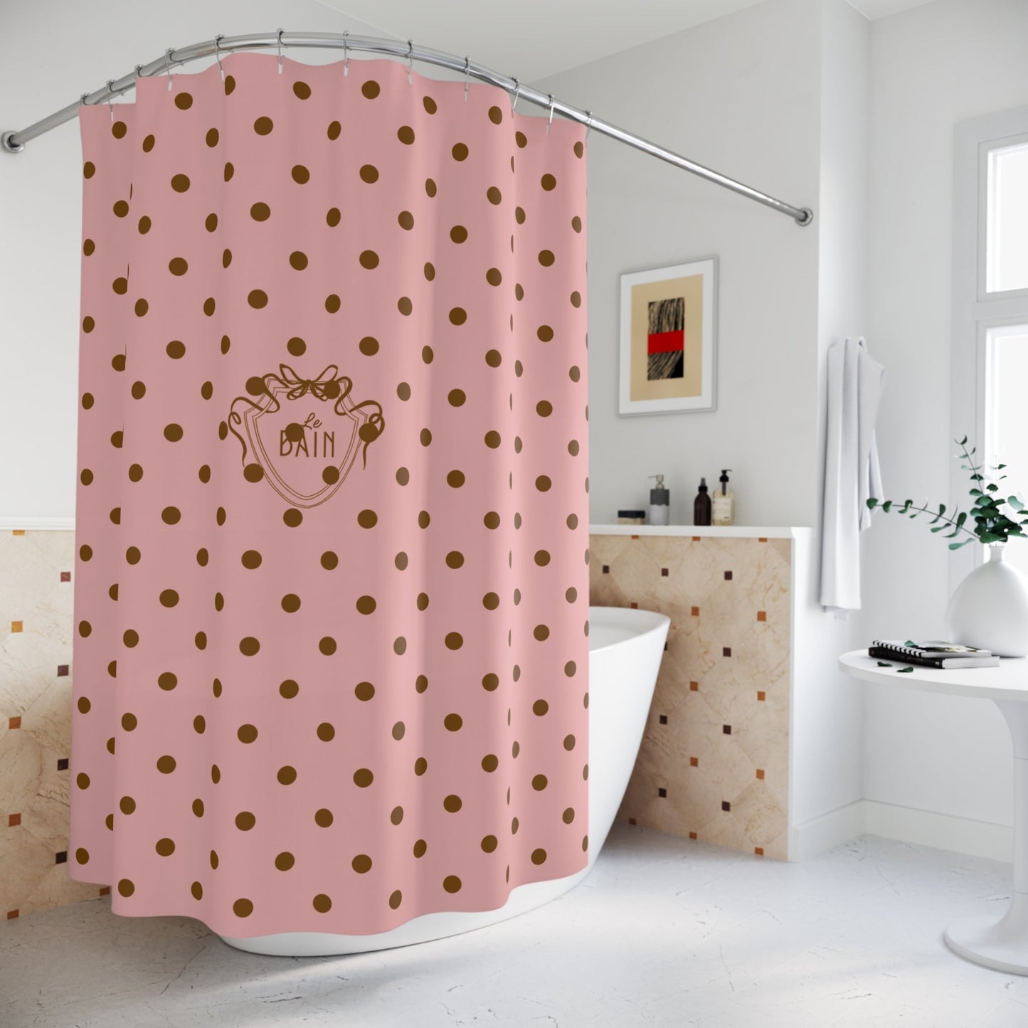 Polka Dot 'Le Bain' Shower Curtain – Pink & Brown Bathroom Decor