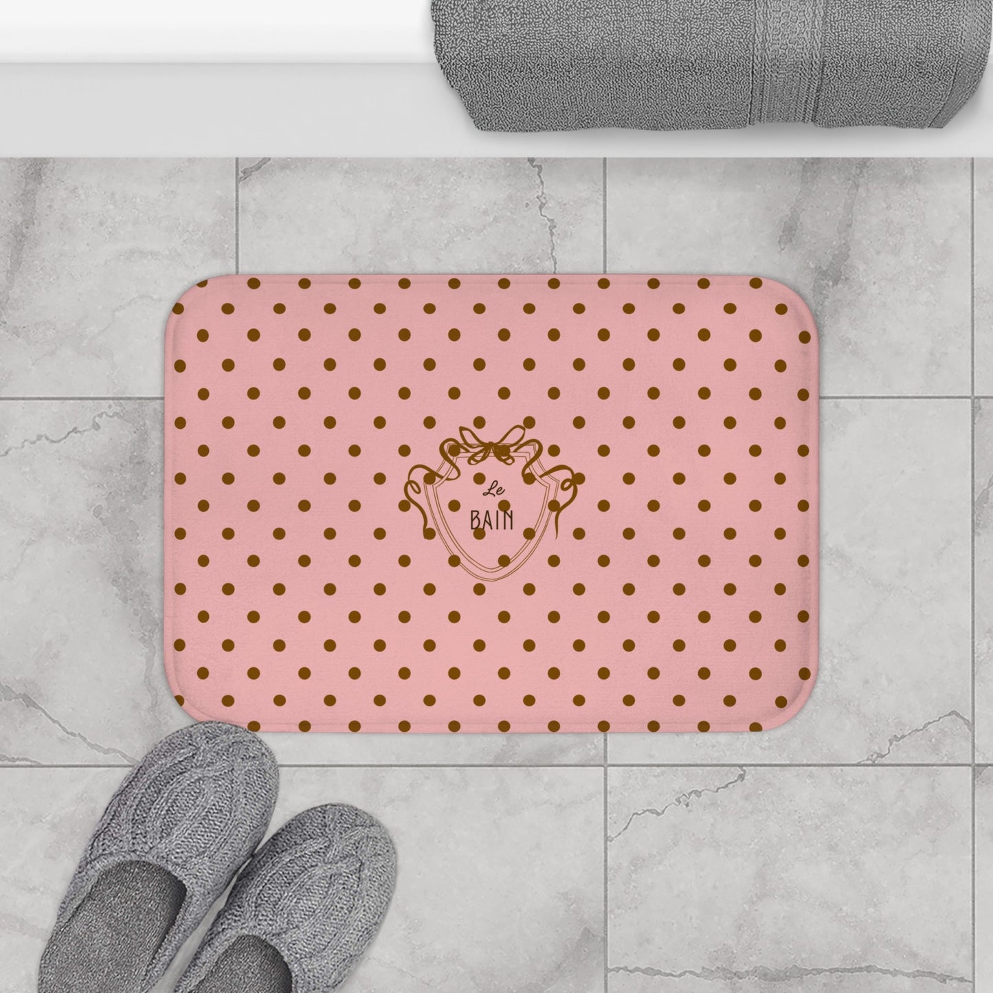 Polka Dot "Le Bain" Bath Mat — Pink & Brown Bathroom Rug