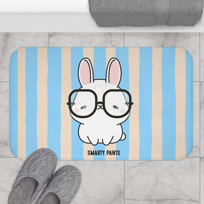 Cute Bunny "Smarty Pants" Bath Mat — Blue Striped Bathroom Rug for Kids & Nursery