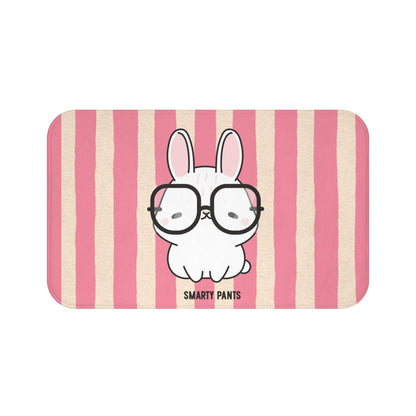 Cute Bunny "Smarty Pants" Bath Mat — PINK Striped Bathroom Rug for Kids & Nursery