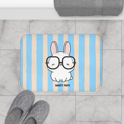 Cute Bunny "Smarty Pants" Bath Mat — Blue Striped Bathroom Rug for Kids & Nursery