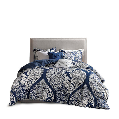 7 Piece Cotton Printed Comforter Set Indigo King