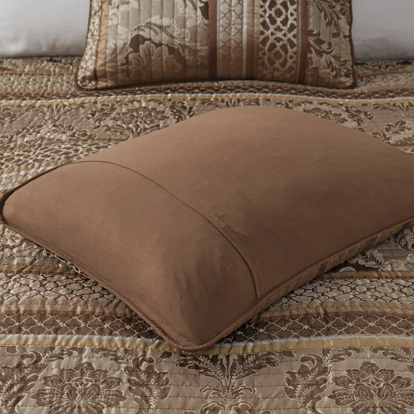 6 Piece Jacquard Quilt Set with Throw Pillows Brown/Gold King/Cal King