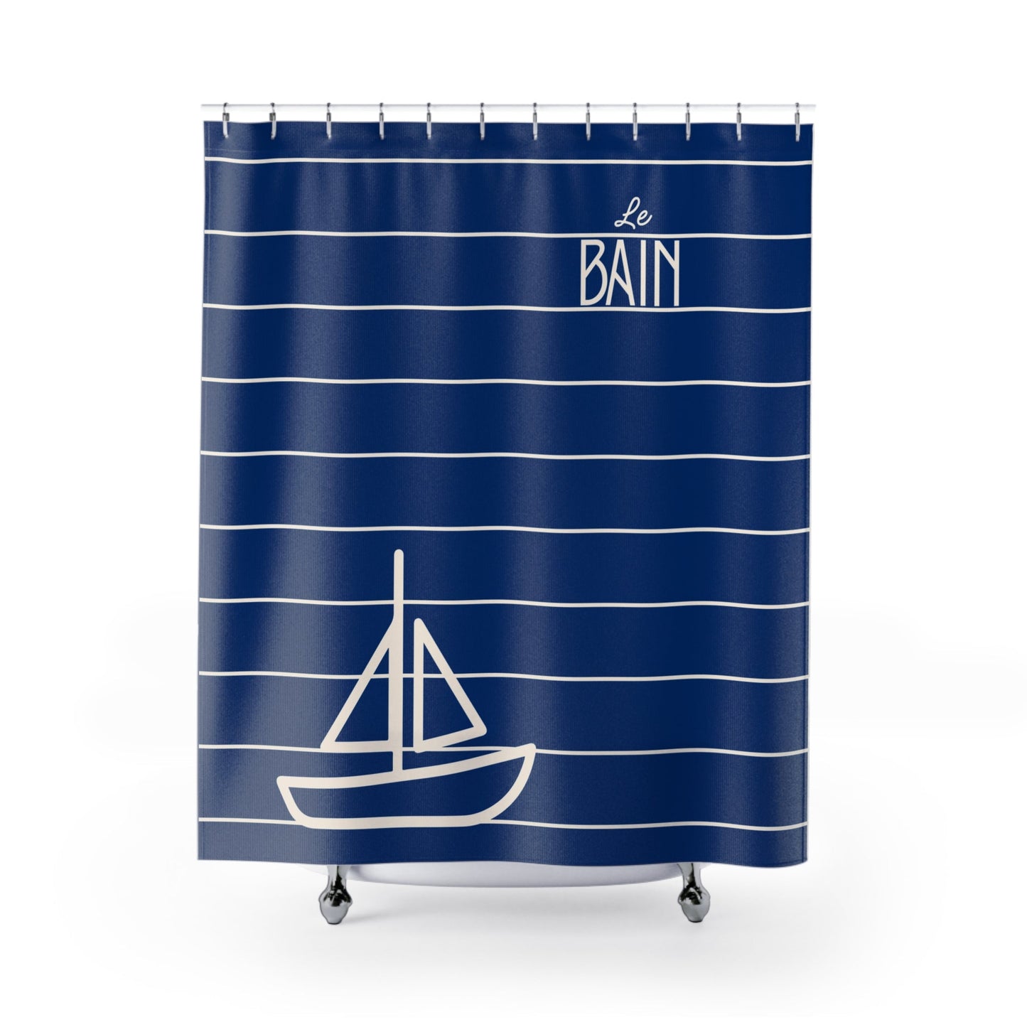 Nautical Blue 'Le Bain' Shower Curtain — Striped Sailboat Bathroom Decor