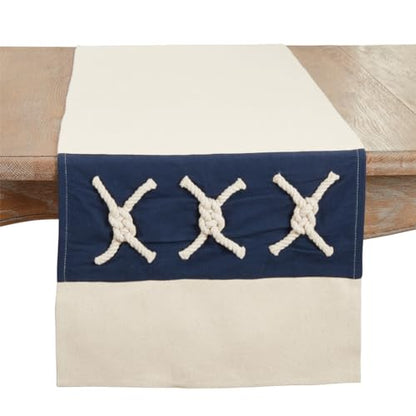 Fennco Styles Rope Knots Appliqué Cotton Table Runner 16" W x 72" L – Navy Blue Nautical Inspired Table Cover for Home, Dining Room, Banquets, Holidays and Special Events