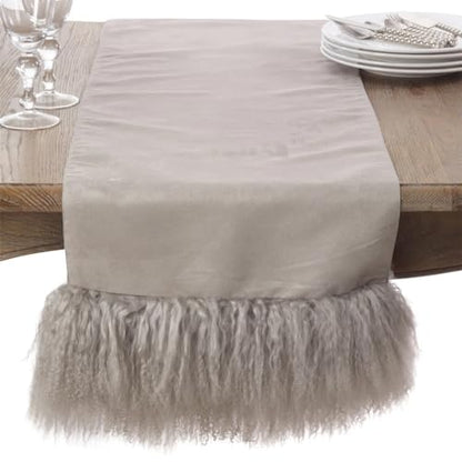 Fennco Styles Genuine Mongolian Lamb Fur Table Runner 16" W x 72" L – Black Plush Table Cover for Dining Room, Banquets, Family Gatherings, Holidays, Special Events and Home Décor