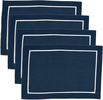 Fennco Styles Pleated Design Navy Blue Placemats 13" W X 19" L, Set of 4 - Classic Border Table Mats for Everyday Use, Dining Room Décor, Family Gatherings and Special Occasions