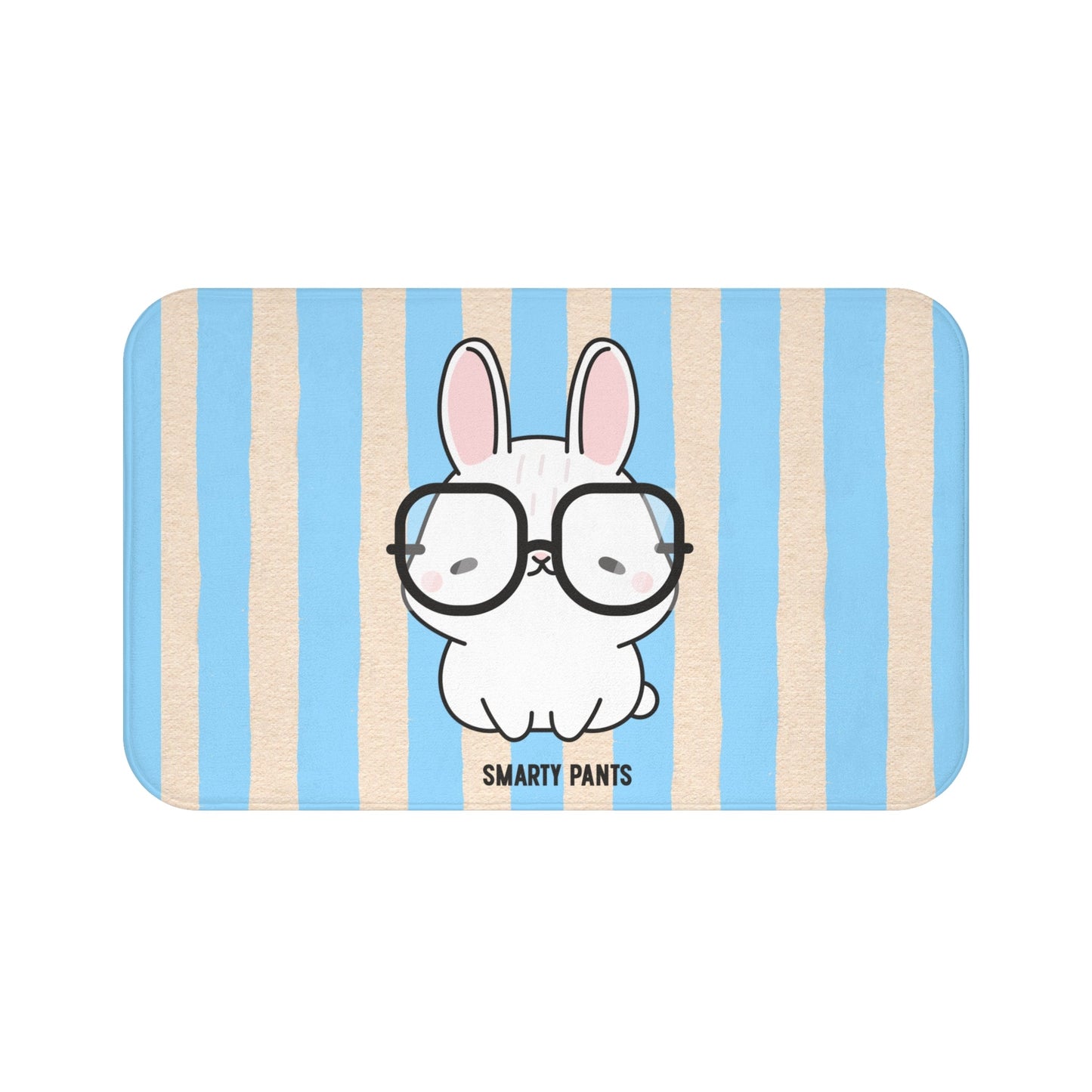 Cute Bunny "Smarty Pants" Bath Mat — Blue Striped Bathroom Rug for Kids & Nursery