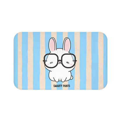 Cute Bunny "Smarty Pants" Bath Mat — Blue Striped Bathroom Rug for Kids & Nursery