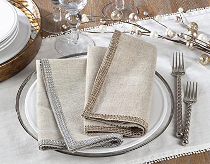 Fennco Styles Elegant Lily Collection Studded Design Cloth Napkins 20" W x 20" L, Set of 4 - White Rhinestone Dinner Napkins for Dining Table, Banquets, Family Gathering and Special Occasion