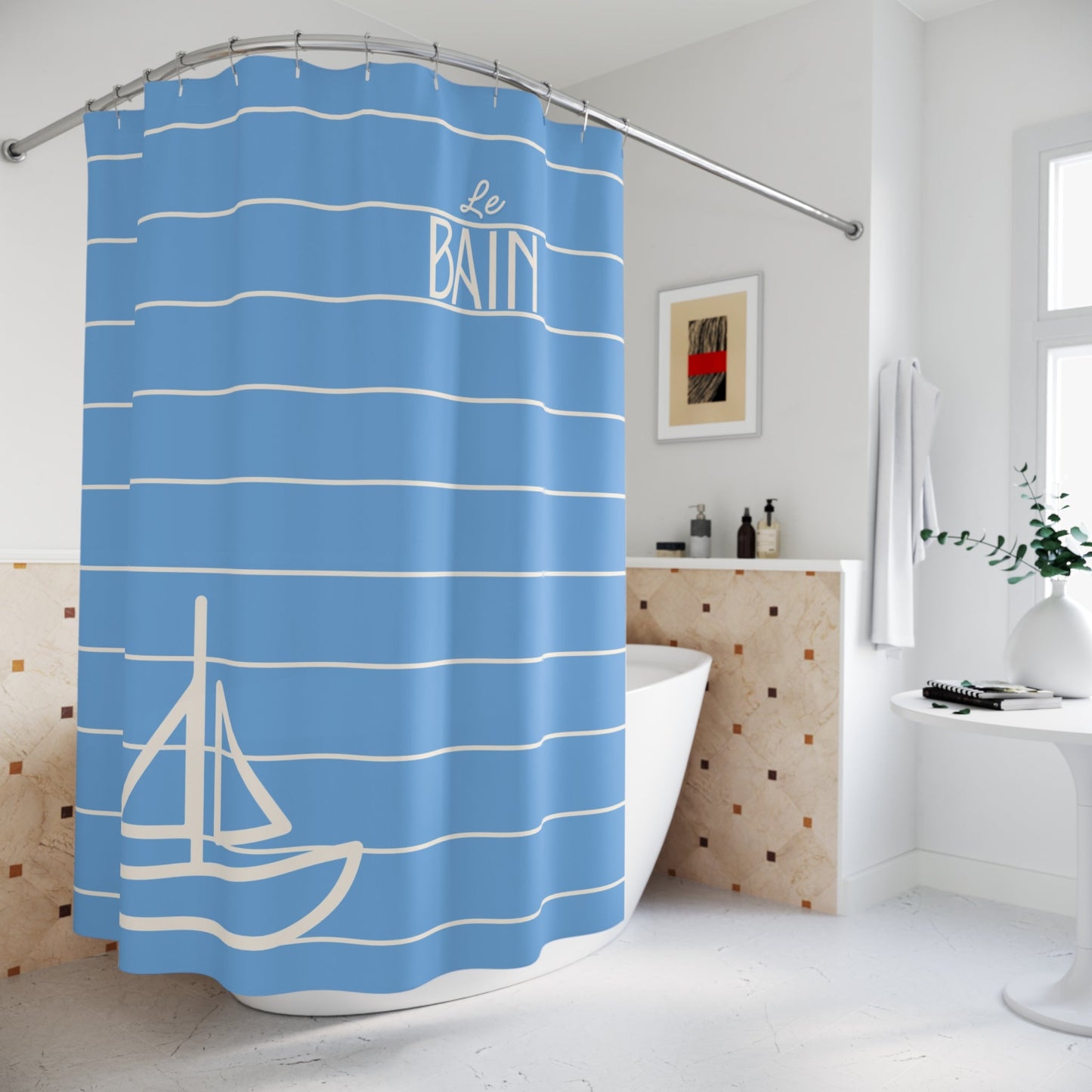 Baby Blue 'Le Bain' Shower Curtain — Striped Sailboat Kid's Bathroom Decor