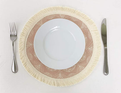 Fennco Styles Unique Dream Catcher Fringe Cotton Placemats 14-inch Round, Set of 4 - Boho Decorative Table Mats for Home Decor, Dining Table, Banquets and Special Events