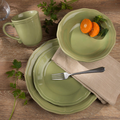 Siena 16-Piece Stoneware Dinnerware Set,Bowls and Plates  in Green, Service for 4
