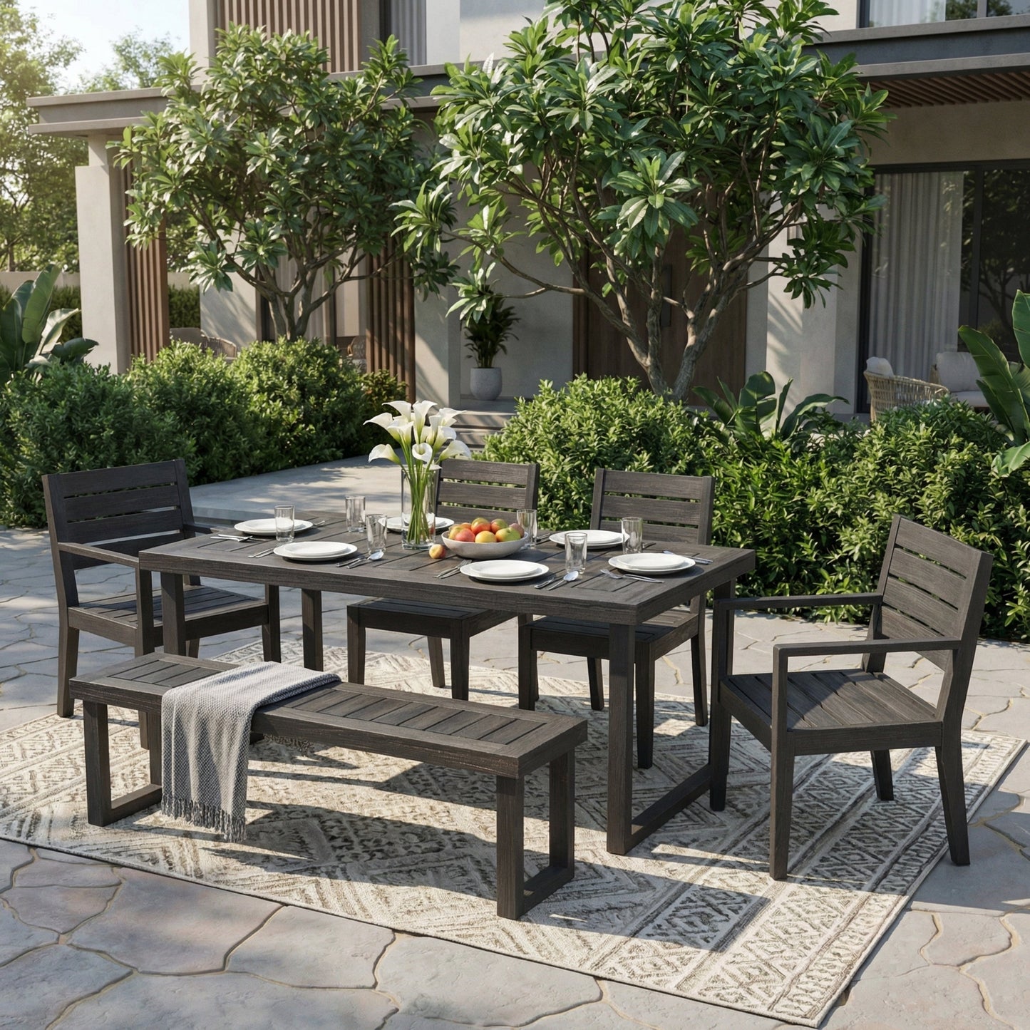 Outdoor 6-Seater Acacia Wood Dining Set with Bench