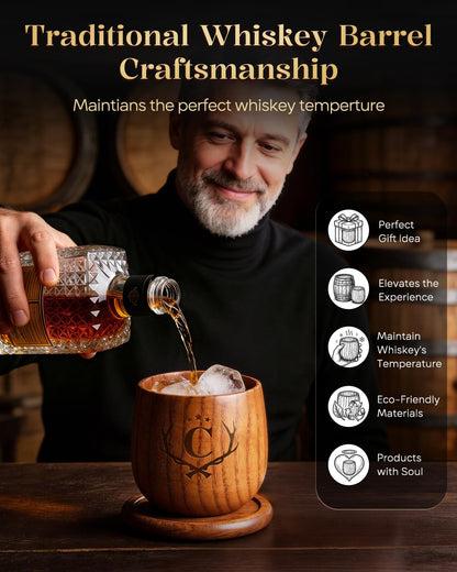 Birthday Gifts for Men Whiskey Glasses Personalized Bourbon Glasses Engraved Wood Whiskey Tumbler Gifts for Men Him Husband Dad Father's Day Whiskey Lovers Letter C Initial Bourbon Drinking Glass Cup