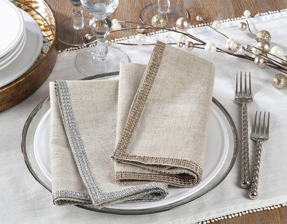Fennco Styles Elegant Lily Collection Studded Design Cloth Napkins 20" W x 20" L, Set of 4 - White Rhinestone Dinner Napkins for Dining Table, Banquets, Family Gathering and Special Occasion