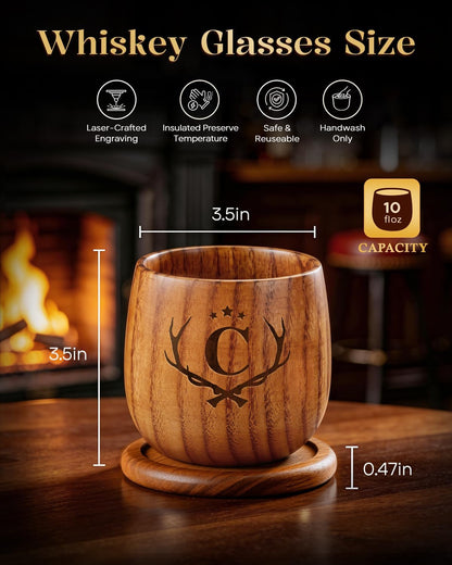 Birthday Gifts for Men Whiskey Glasses Personalized Bourbon Glasses Engraved Wood Whiskey Tumbler Gifts for Men Him Husband Dad Father's Day Whiskey Lovers Letter C Initial Bourbon Drinking Glass Cup