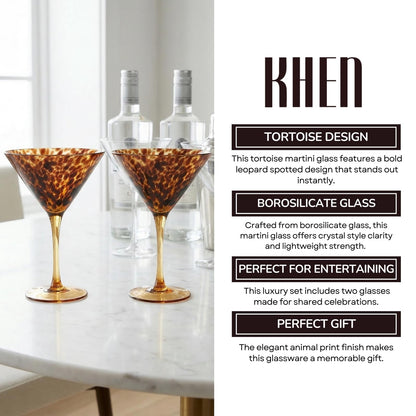 Tortoise Leopard Print Martini 9oz - Set of 2, 7.1" Spotted Borosilicate Cocktail