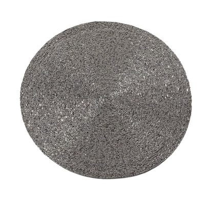 Fennco Style Hand Beaded Maharani Stunning Hand Beaded Placemat 14" Round, 1-Piece - Silver Glass Beads Table Mat for Banquets, Christmas, Special Events and Home Décor