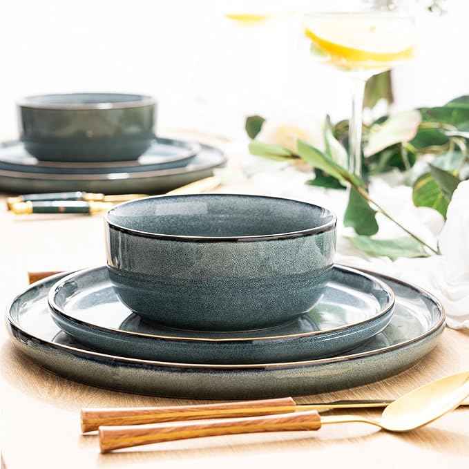 GBHOME Ceramic Dinnerware Sets for 6, 18 Pieces Stoneware Plates and Bowls Sets, Scratch Resistant Dishes, Dishwasher & Microwave Safe, Space Blue