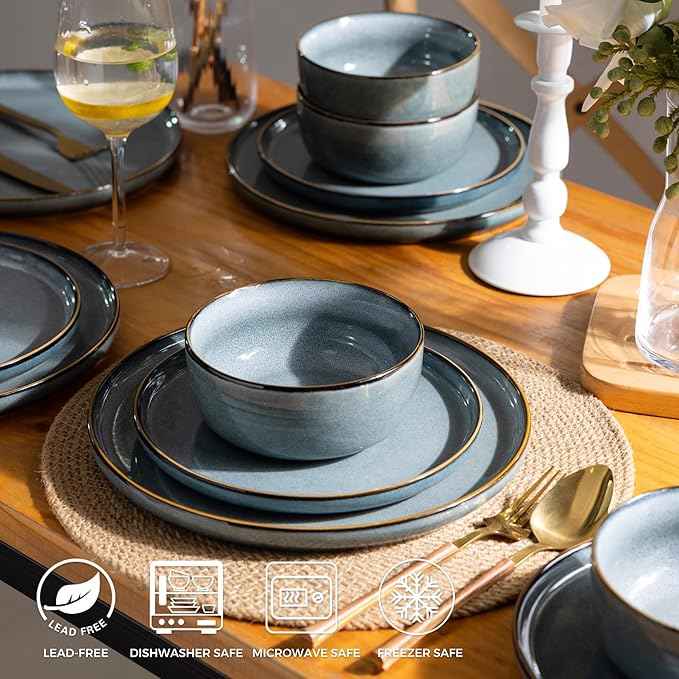 GBHOME Ceramic Dinnerware Sets for 6, 18 Pieces Stoneware Plates and Bowls Sets, Scratch Resistant Dishes, Dishwasher & Microwave Safe, Space Blue