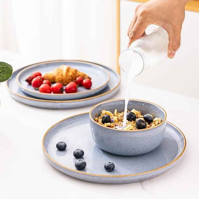 GBHOME Ceramic Dinnerware Sets for 4, 12 Pieces Stoneware Plates and Bowls Sets, Scratch Resistant Dishe Set for Dinner, Dishwasher & Microwave Safe, Brunnera Blue