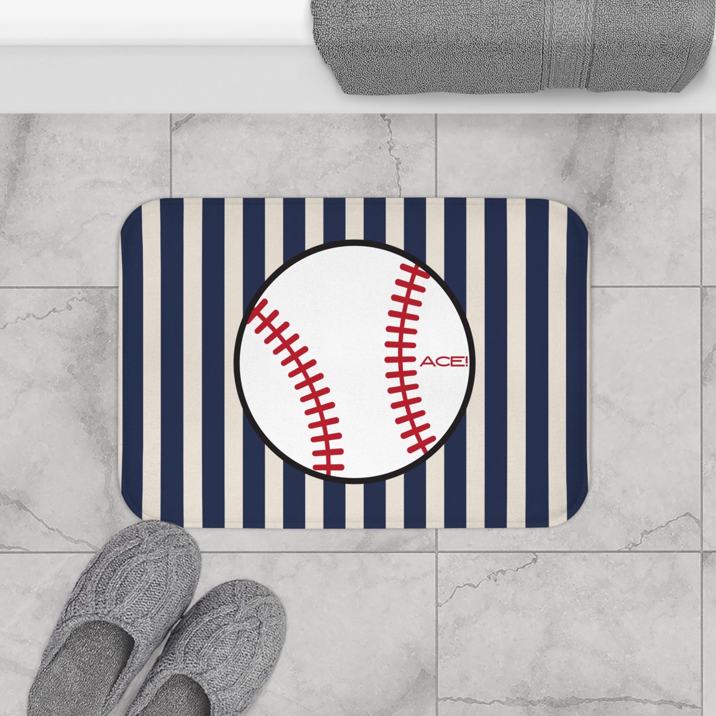 Baseball Bath Mat – Blue-Grey Striped Soft Non-Slip Bathroom Rug
