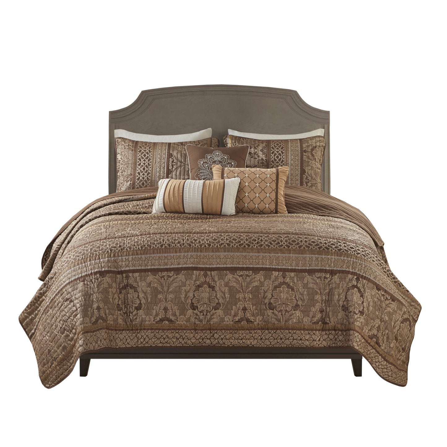 6 Piece Jacquard Quilt Set with Throw Pillows Brown/Gold King/Cal King
