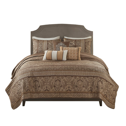 6 Piece Jacquard Quilt Set with Throw Pillows Brown/Gold King/Cal King