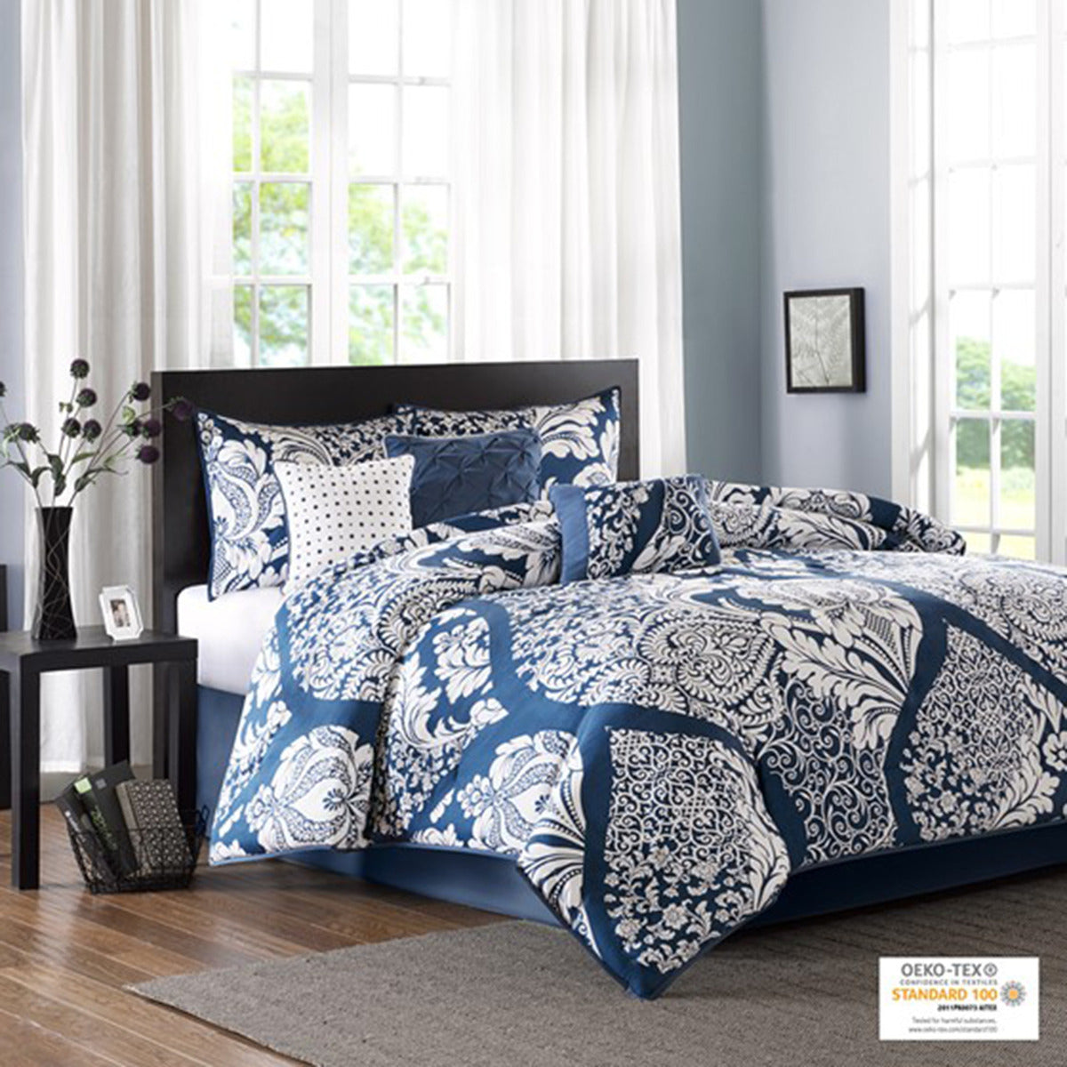 7 Piece Cotton Printed Comforter Set - Indigo Cal King