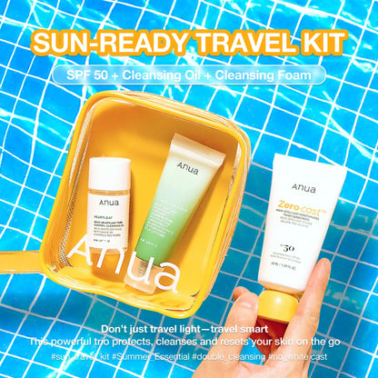 [Anua] Sun-Ready Travel Kit ｜No White Cast Sunscreen, Mini Cleansing Foam, Mini Cleansing Oil, Travel Size, Korean Skincare, Spf, Deep Pore Cleanse, Suncare