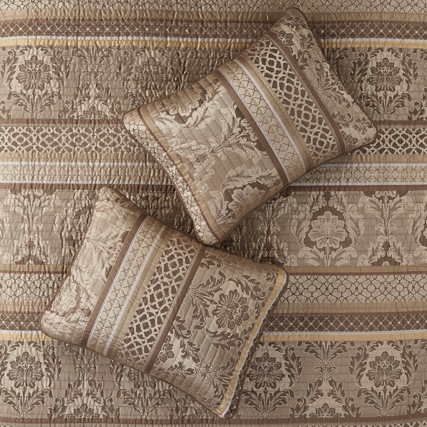 6 Piece Jacquard Quilt Set with Throw Pillows Brown/Gold King/Cal King