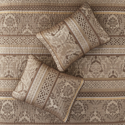 6 Piece Jacquard Quilt Set with Throw Pillows Brown/Gold King/Cal King