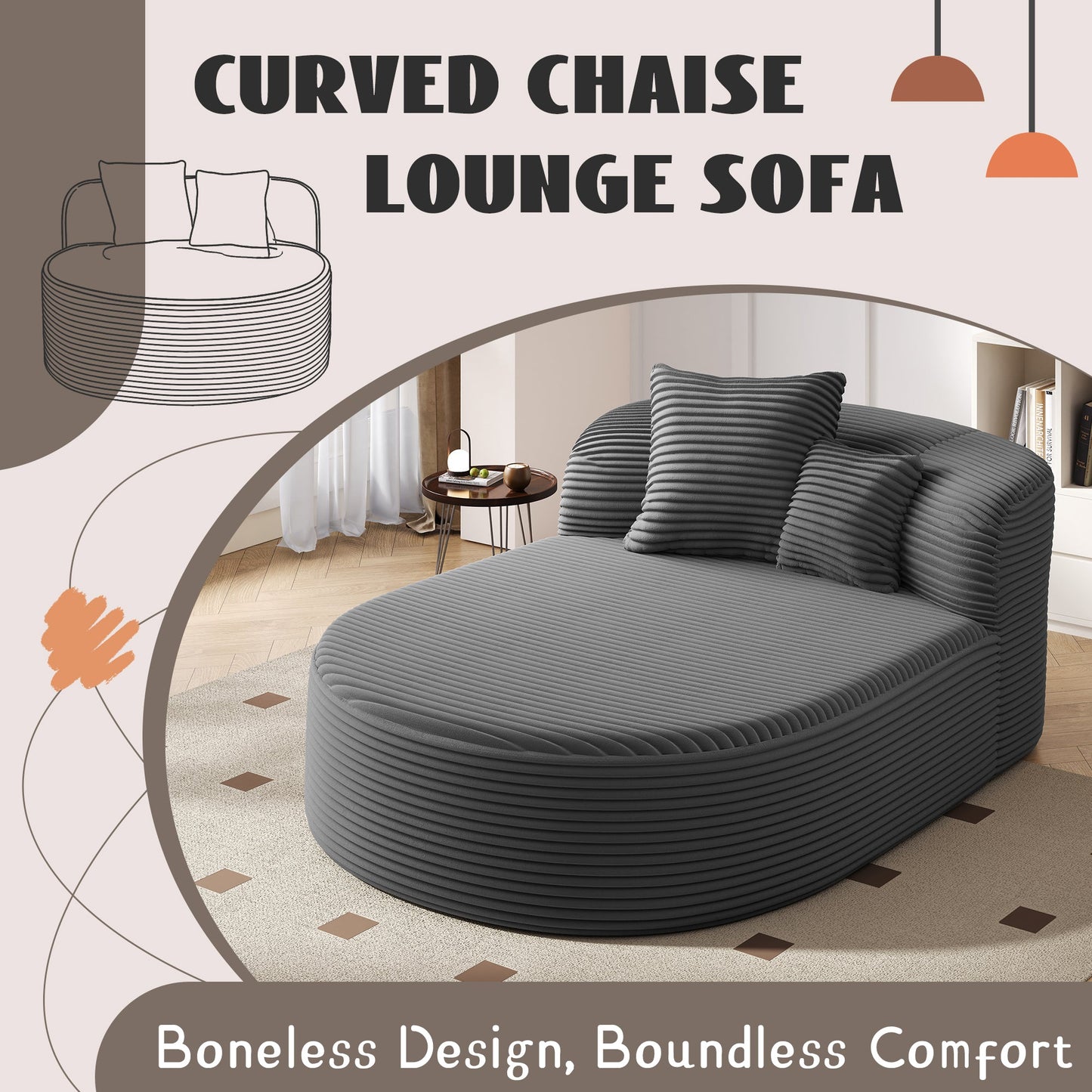 Modern Chaise Lounge Sofa Boneless Couch 51.6" Sofa Bed