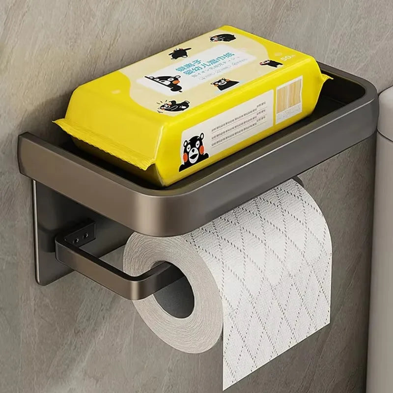 Wall-Mounted Toilet Paper Holder with Shelf - Aluminum Alloy Rustproof Bathroom Roll Holder
