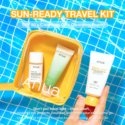 [Anua] Sun-Ready Travel Kit ｜No White Cast Sunscreen, Mini Cleansing Foam, Mini Cleansing Oil, Travel Size, Korean Skincare, Spf, Deep Pore Cleanse, Suncare
