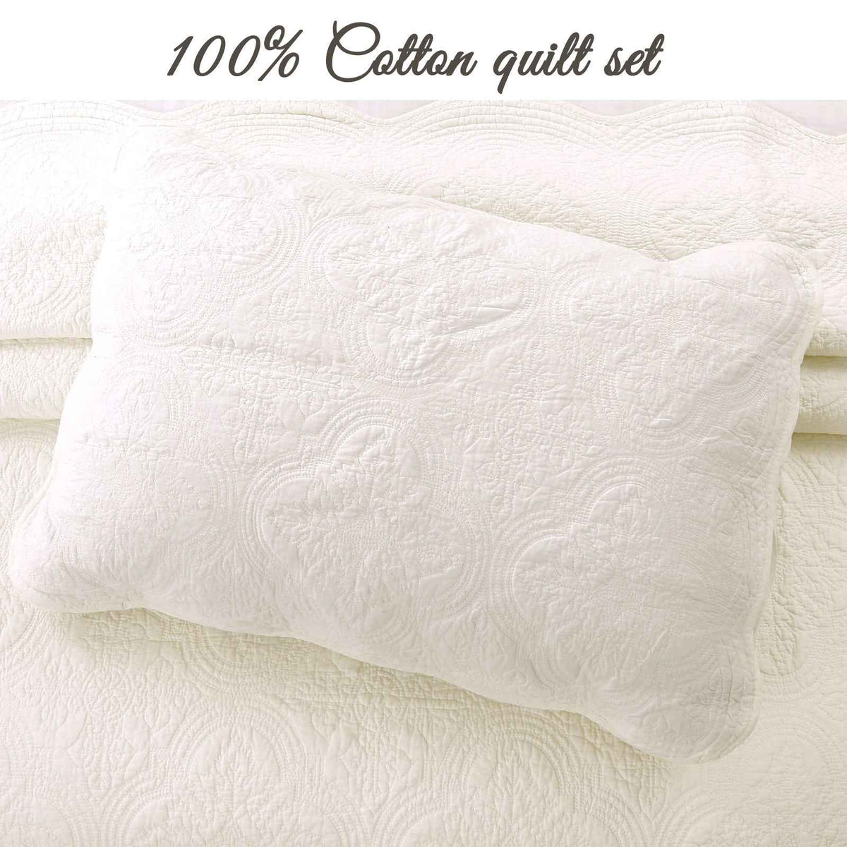 Serenity Ivory Victorian Scalloped Medallion Floral Pure Solid Cotton Reversible Quilt  Bedding Set