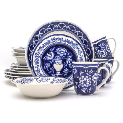 Blue Garden 16 -Piece Hand Painted Stoneware Bowls and Plates Dinnerware Set, Service for 4