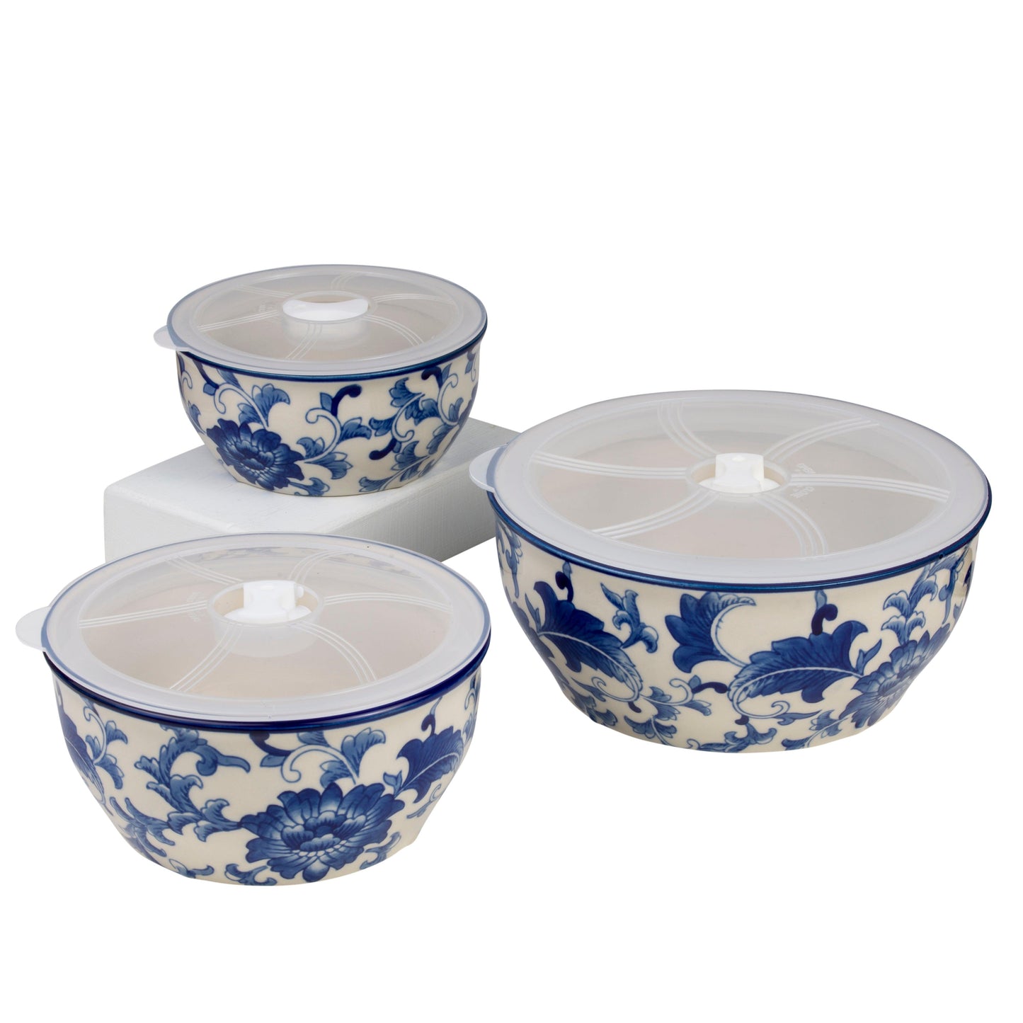 Blue Garden Chinoiserie “Hold Everything” 3-Piece Round Stoneware Storage Bowls Set